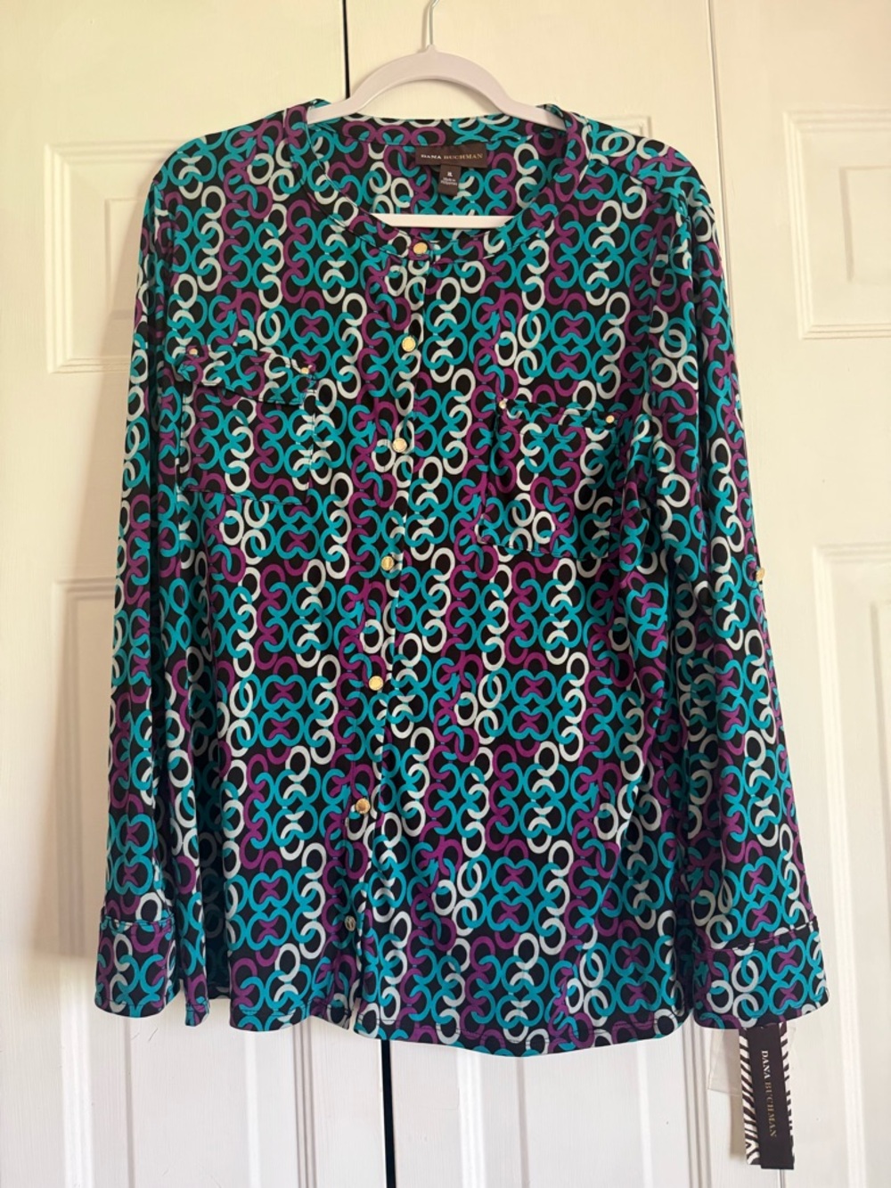 Dana Buchman Teal, Purple & White Geometric Button-Front Blouse